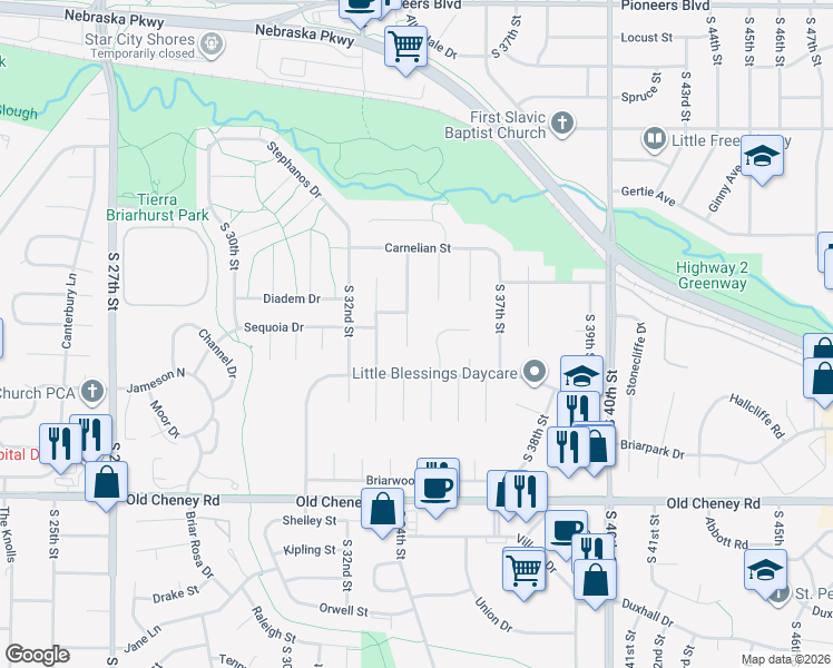 map of restaurants, bars, coffee shops, grocery stores, and more near 5429 Blueberry Court in Lincoln