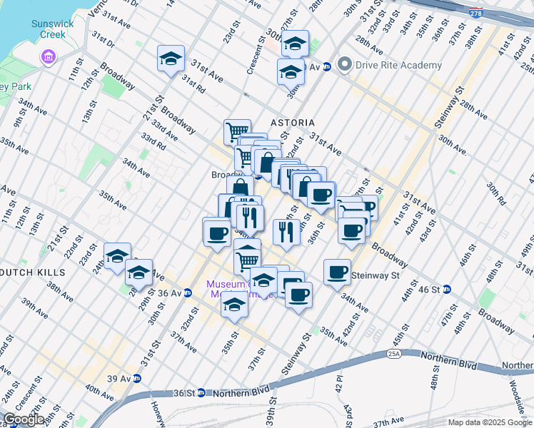 map of restaurants, bars, coffee shops, grocery stores, and more near 32-60 34th Street in Queens