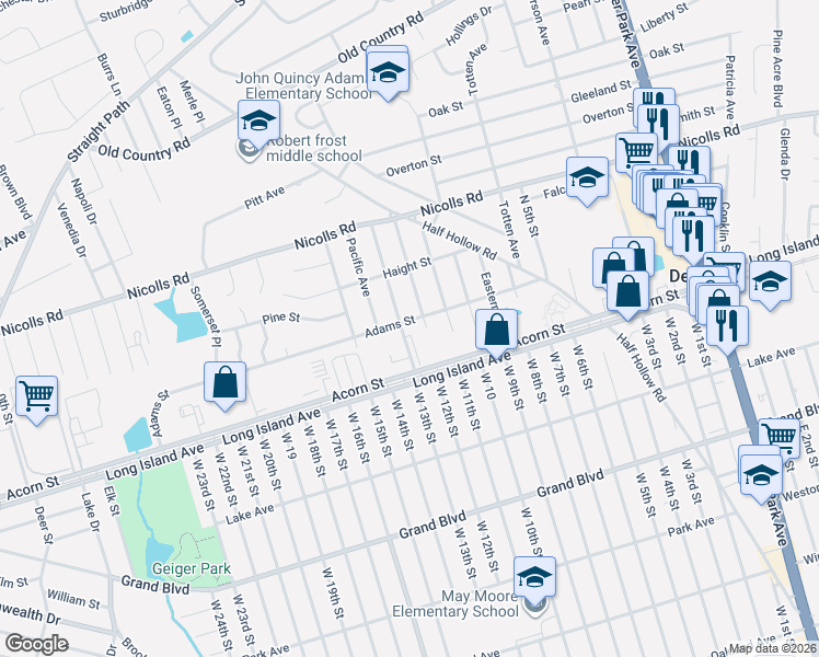 map of restaurants, bars, coffee shops, grocery stores, and more near 2 Ocean Avenue in Deer Park
