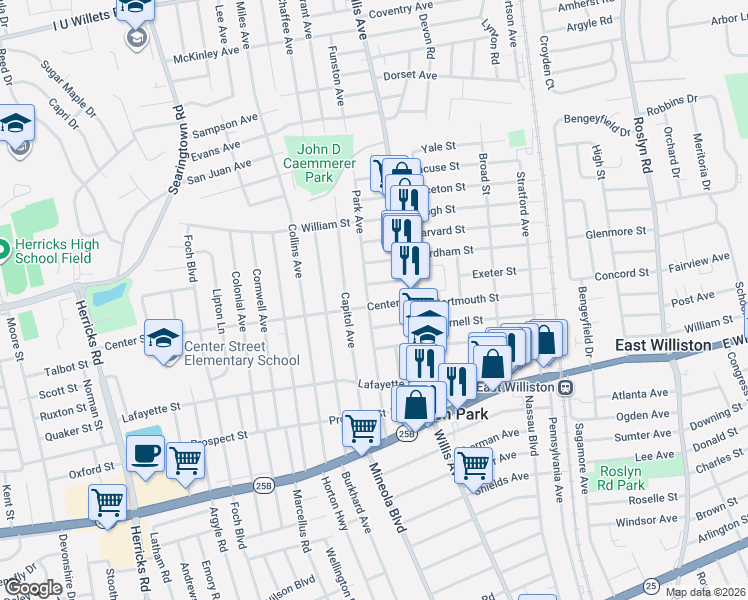 map of restaurants, bars, coffee shops, grocery stores, and more near 35 Hawthorne Street in Williston Park