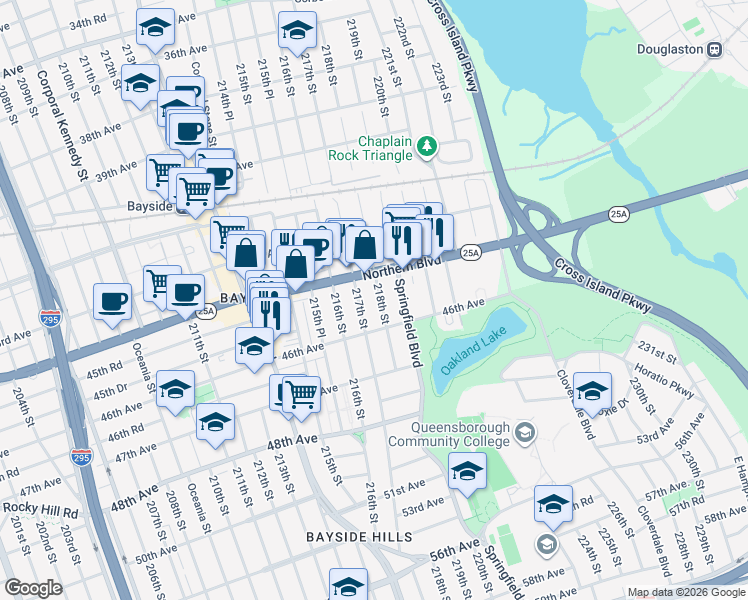map of restaurants, bars, coffee shops, grocery stores, and more near 45-51 217th Street in Queens