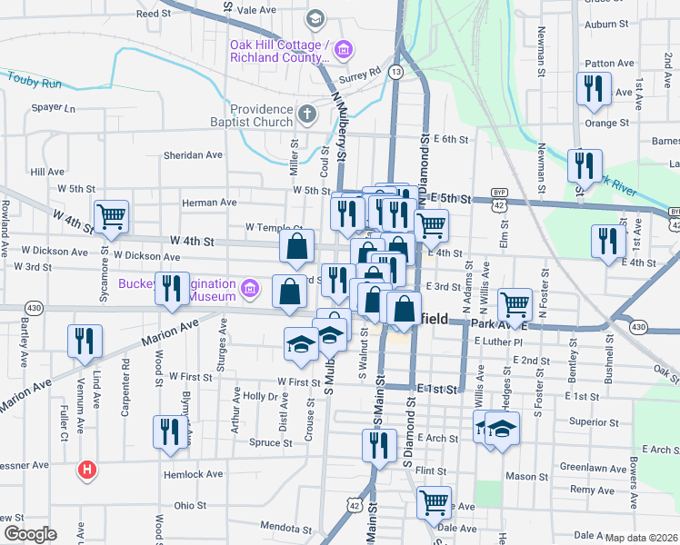 map of restaurants, bars, coffee shops, grocery stores, and more near 39 North Mulberry Street in Mansfield