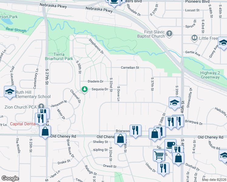 map of restaurants, bars, coffee shops, grocery stores, and more near 5431 South 32nd Street in Lincoln
