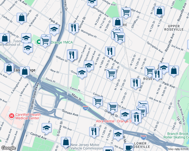 map of restaurants, bars, coffee shops, grocery stores, and more near 100 North 18th Street in East Orange