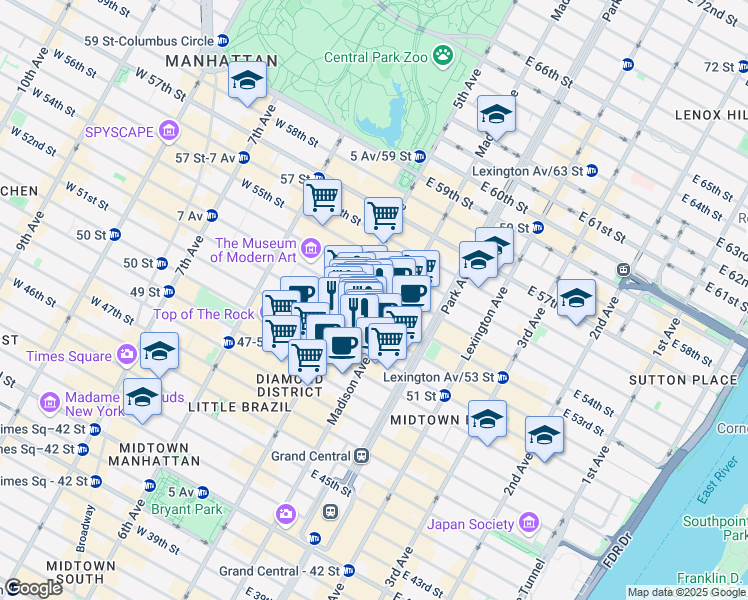 map of restaurants, bars, coffee shops, grocery stores, and more near 7 East 52nd Street in New York