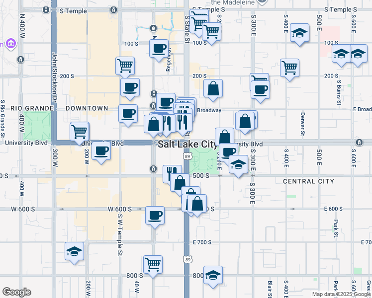 map of restaurants, bars, coffee shops, grocery stores, and more near 450 South State Street in Salt Lake City