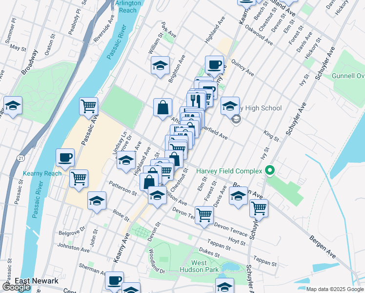 map of restaurants, bars, coffee shops, grocery stores, and more near 219 Chestnut Street in Kearny