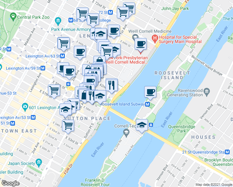 map of restaurants, bars, coffee shops, grocery stores, and more near Franklin D. Roosevelt East River Dr in New York