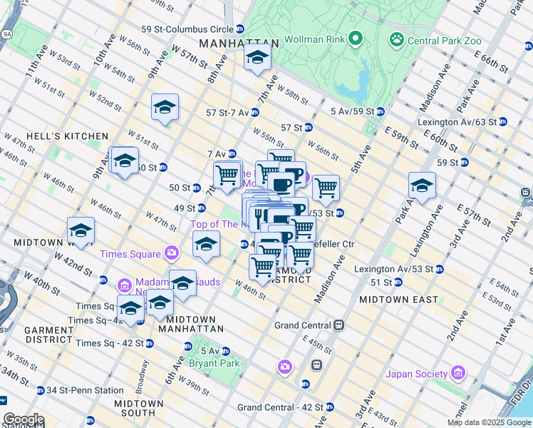map of restaurants, bars, coffee shops, grocery stores, and more near 1250 Avenue Of The Amer in New York