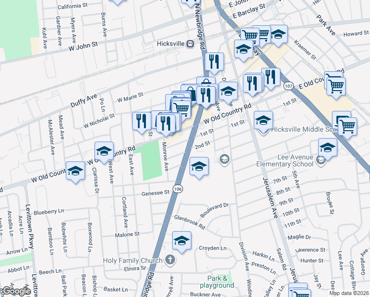 map of restaurants, bars, coffee shops, grocery stores, and more near 231 Newbridge Road in Hicksville