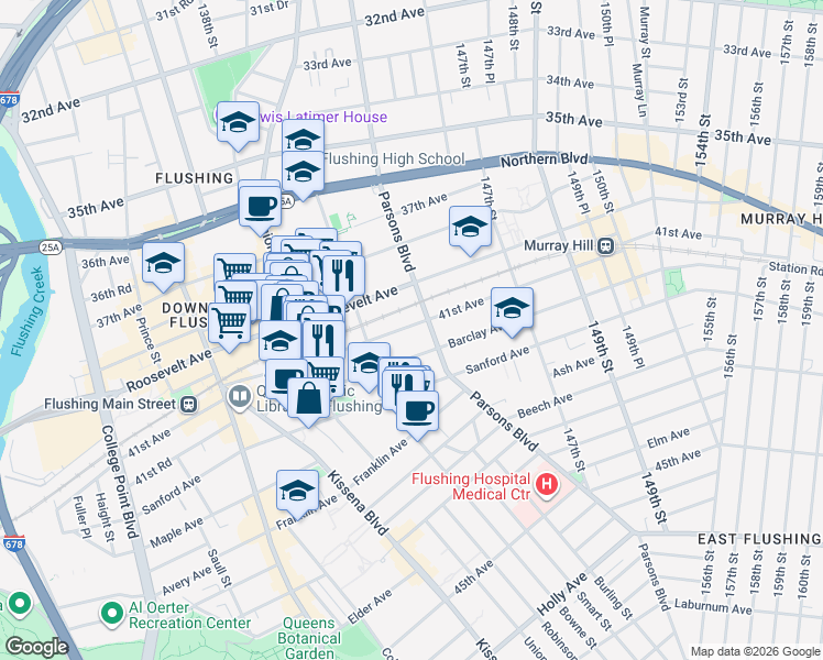 map of restaurants, bars, coffee shops, grocery stores, and more near 143-29 Barclay Avenue in Queens