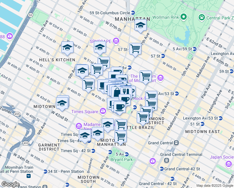 map of restaurants, bars, coffee shops, grocery stores, and more near 159w West 48th Street in New York
