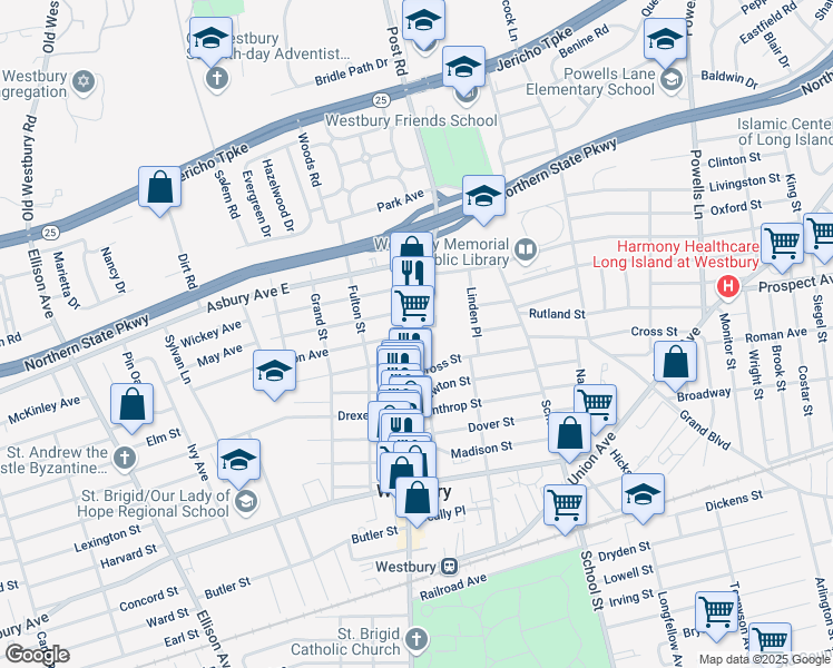 map of restaurants, bars, coffee shops, grocery stores, and more near 327 Cross Street in Westbury