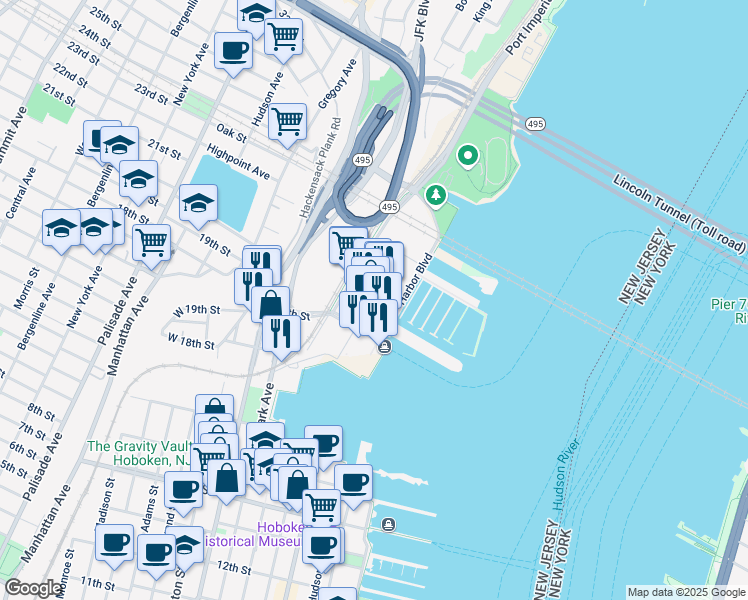 map of restaurants, bars, coffee shops, grocery stores, and more near 1000 Harbor Boulevard in Weehawken