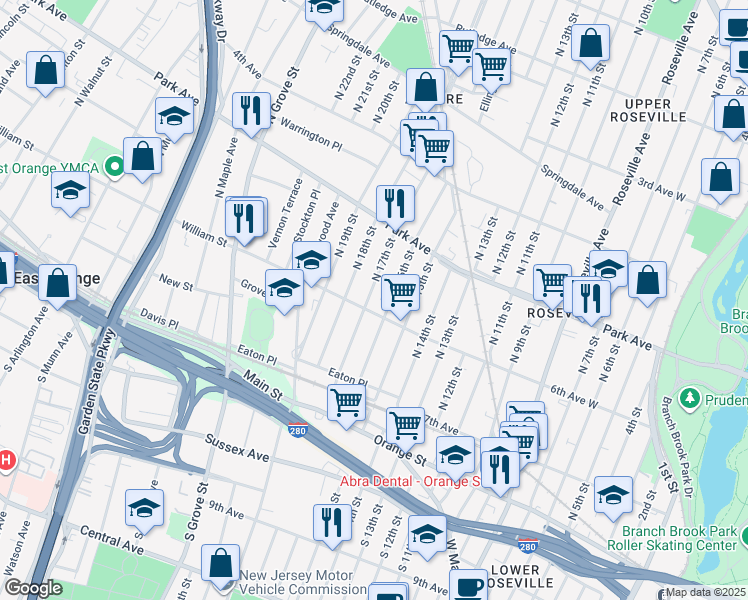 map of restaurants, bars, coffee shops, grocery stores, and more near 47 North 16th Street in East Orange