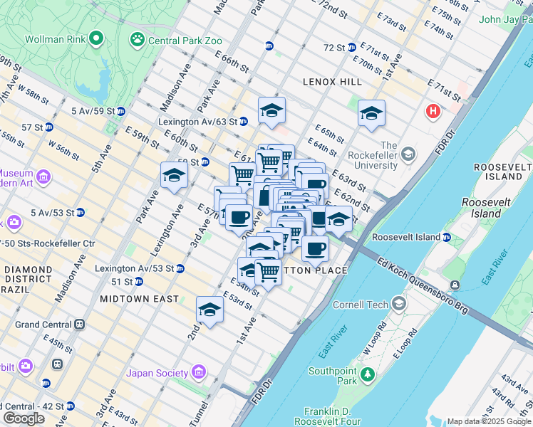 map of restaurants, bars, coffee shops, grocery stores, and more near 331 East 58th Street in New York