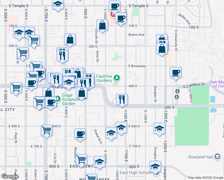 map of restaurants, bars, coffee shops, grocery stores, and more near 1032 East 400 South in Salt Lake City
