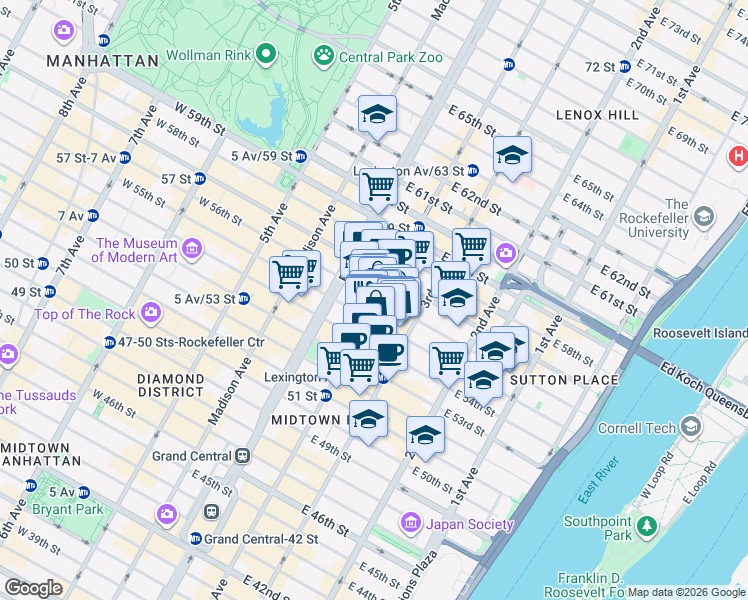 map of restaurants, bars, coffee shops, grocery stores, and more near 676 East 56th Street in New York