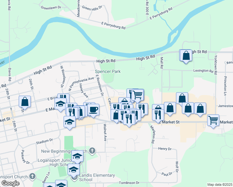 map of restaurants, bars, coffee shops, grocery stores, and more near 3405 Lindsay Drive in Logansport