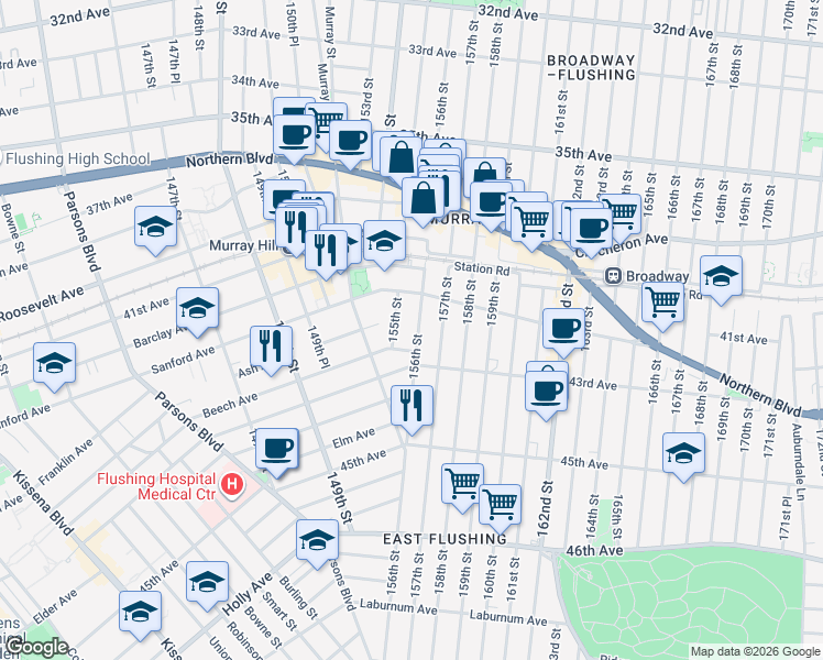 map of restaurants, bars, coffee shops, grocery stores, and more near 155-19 Cherry Avenue in Queens