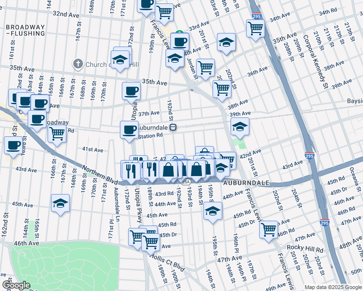 map of restaurants, bars, coffee shops, grocery stores, and more near 4030 193rd Street in Queens