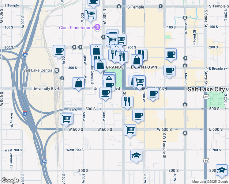 map of restaurants, bars, coffee shops, grocery stores, and more near 350 West 400 South in Salt Lake City