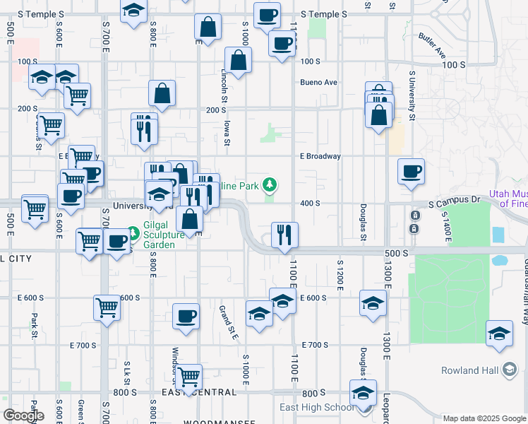 map of restaurants, bars, coffee shops, grocery stores, and more near 425 South 1000 East in Salt Lake City