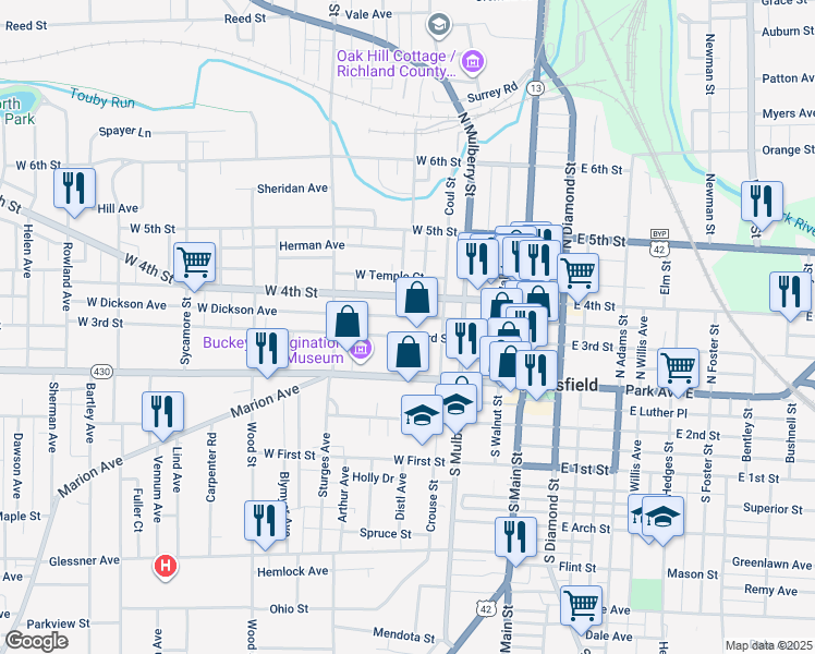 map of restaurants, bars, coffee shops, grocery stores, and more near 124 West 3rd Street in Mansfield