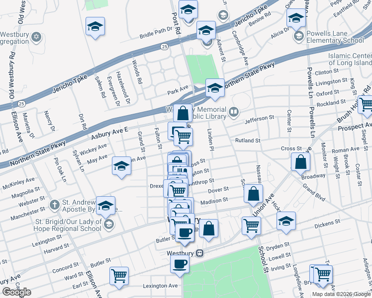 map of restaurants, bars, coffee shops, grocery stores, and more near 342 Post Avenue in Westbury