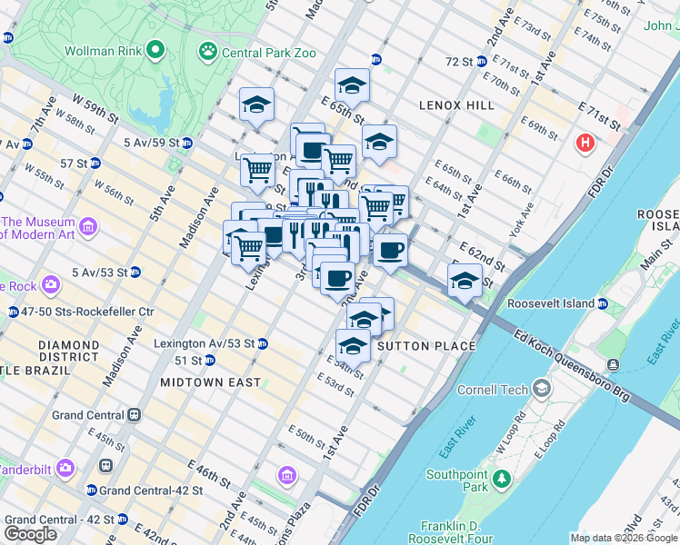 map of restaurants, bars, coffee shops, grocery stores, and more near 969 3rd Avenue in New York