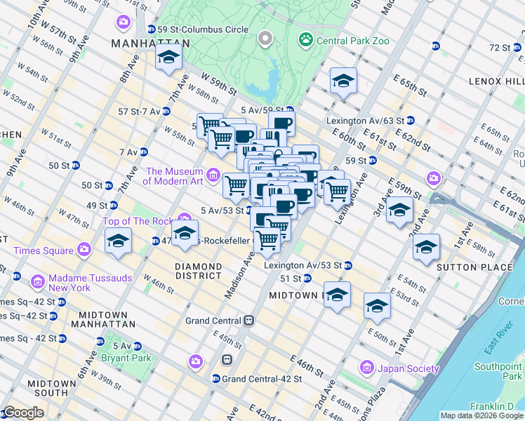 map of restaurants, bars, coffee shops, grocery stores, and more near 520 Madison Avenue in New York