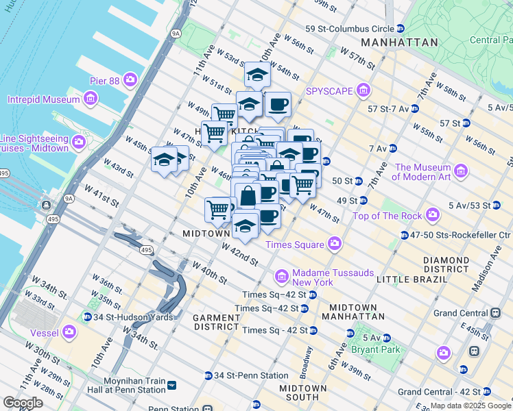 map of restaurants, bars, coffee shops, grocery stores, and more near 351 West 45th Street in New York