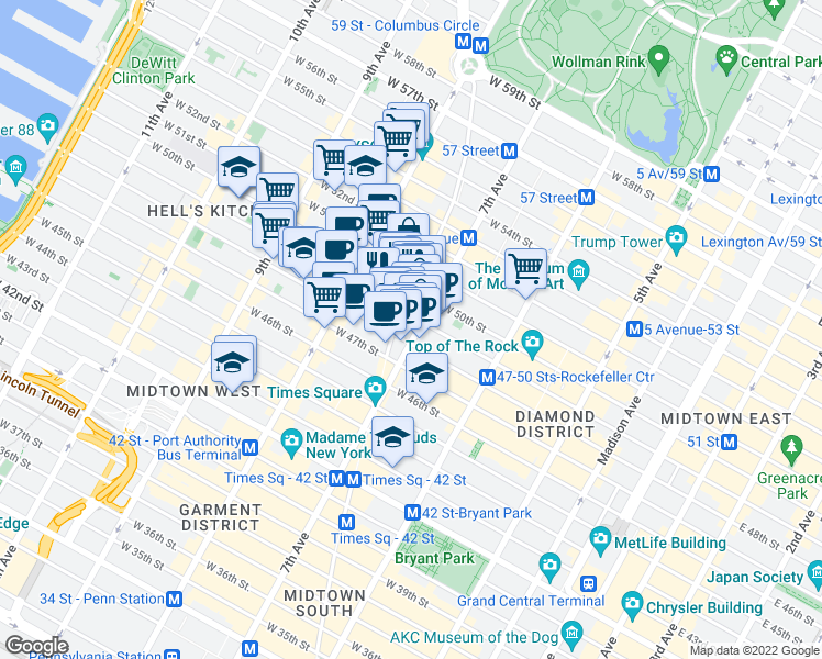 map of restaurants, bars, coffee shops, grocery stores, and more near 1638 Broadway in New York