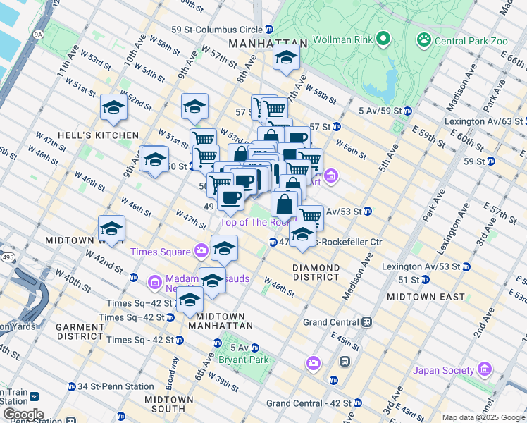 map of restaurants, bars, coffee shops, grocery stores, and more near 135 West 50th Street in New York