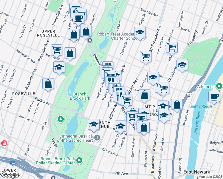map of restaurants, bars, coffee shops, grocery stores, and more near 188 Bloomfield Avenue in Newark