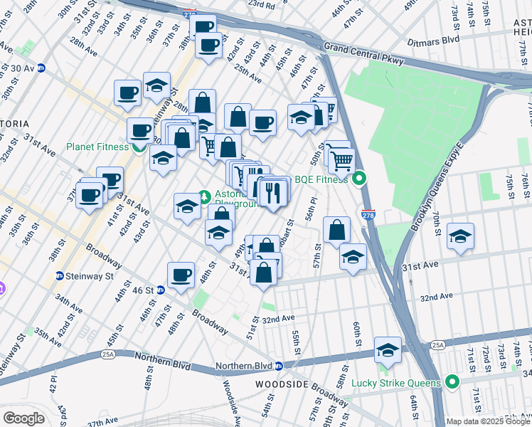 map of restaurants, bars, coffee shops, grocery stores, and more near 48-11 30th Avenue in Queens
