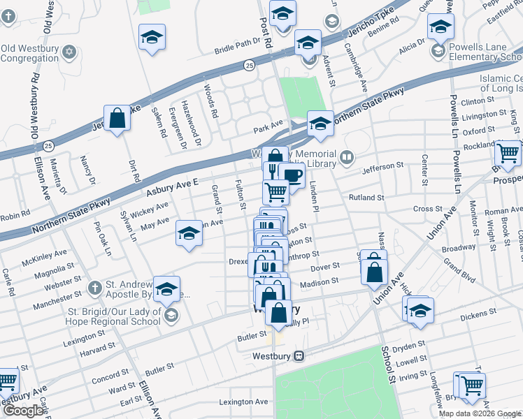 map of restaurants, bars, coffee shops, grocery stores, and more near 267 Liberty Avenue in Westbury