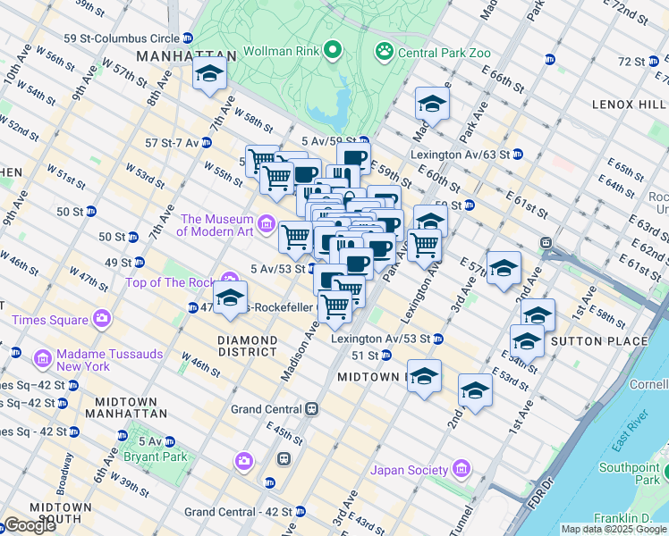 map of restaurants, bars, coffee shops, grocery stores, and more near 520 Madison Avenue in New York