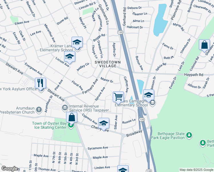 map of restaurants, bars, coffee shops, grocery stores, and more near 114 Spruce Avenue in Bethpage