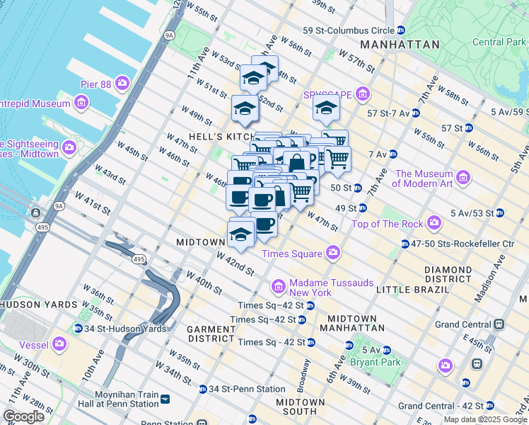 map of restaurants, bars, coffee shops, grocery stores, and more near 343 West 47th Street in New York