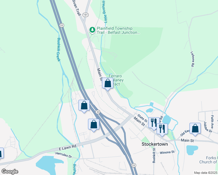 map of restaurants, bars, coffee shops, grocery stores, and more near 521 Main Street in Easton