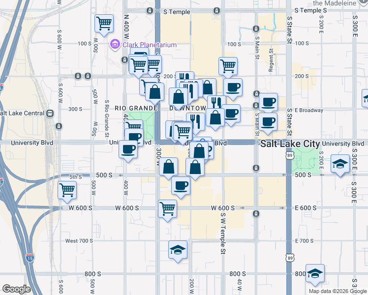 map of restaurants, bars, coffee shops, grocery stores, and more near 202 West 400 South in Salt Lake City