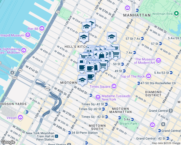map of restaurants, bars, coffee shops, grocery stores, and more near 344 West 46th Street in New York