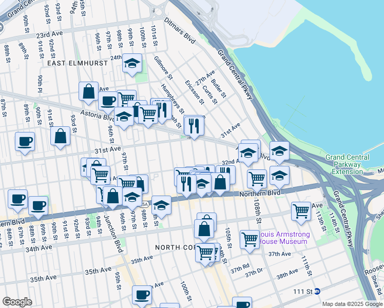 map of restaurants, bars, coffee shops, grocery stores, and more near 103-08 Astoria Boulevard in Queens