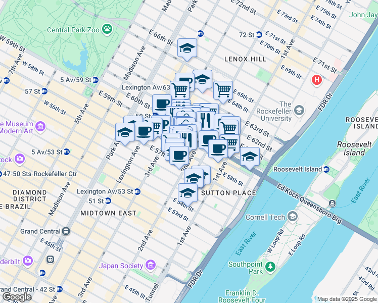 map of restaurants, bars, coffee shops, grocery stores, and more near 237 East 59th Street in New York