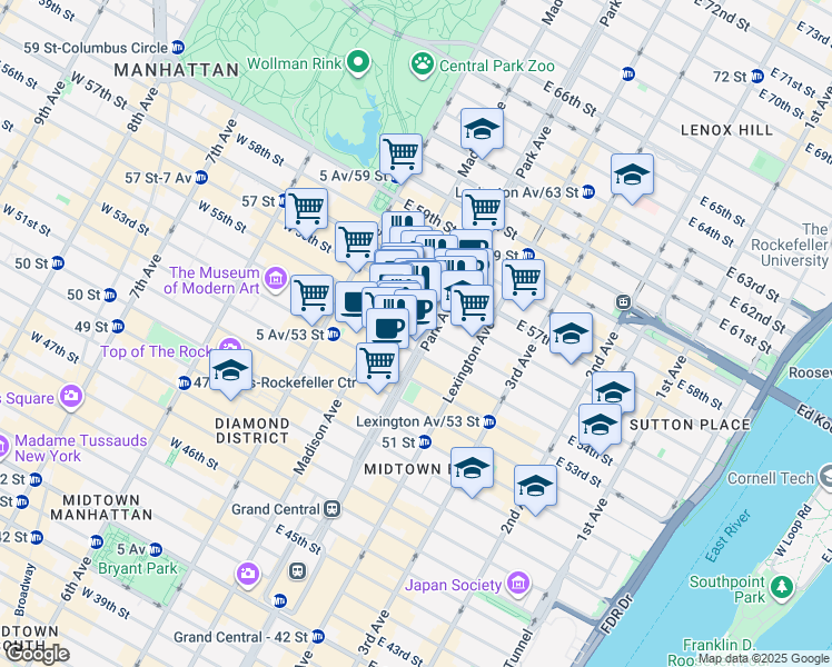map of restaurants, bars, coffee shops, grocery stores, and more near 57 East 55th Street in New York