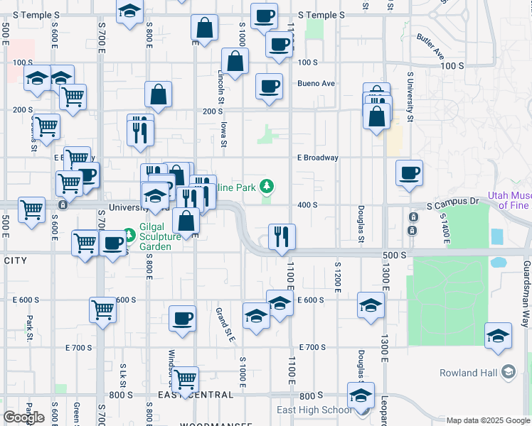 map of restaurants, bars, coffee shops, grocery stores, and more near 1044 East 400 South in Salt Lake City
