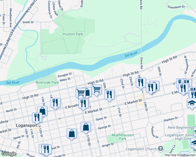 map of restaurants, bars, coffee shops, grocery stores, and more near 1912 High Street Road in Logansport