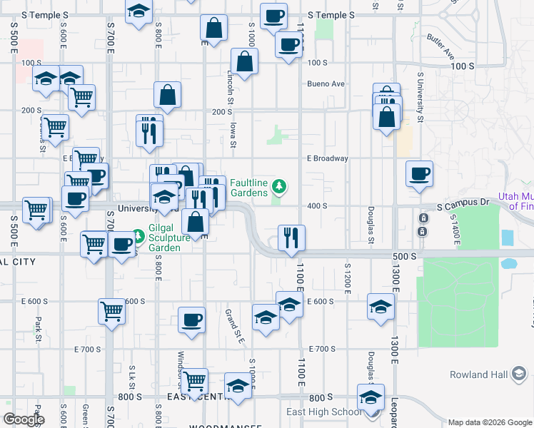 map of restaurants, bars, coffee shops, grocery stores, and more near 1032 East 400 South in Salt Lake City