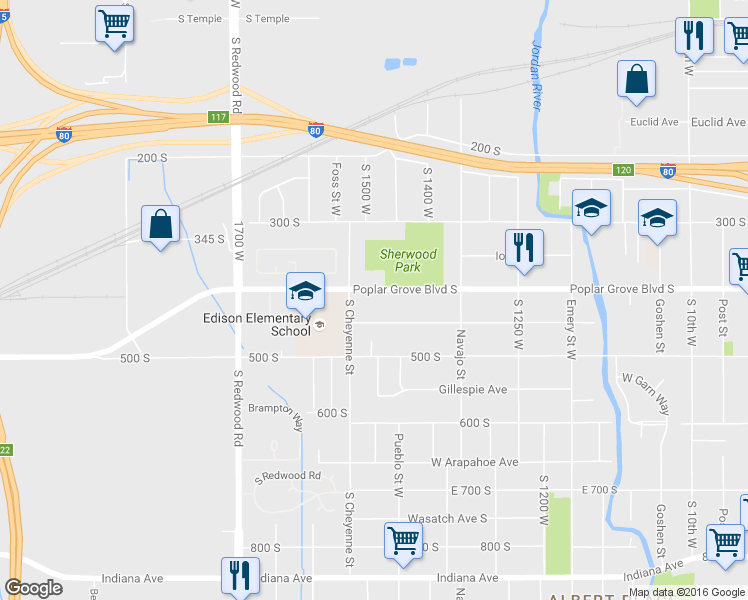 map of restaurants, bars, coffee shops, grocery stores, and more near 1460 400 South in Salt Lake City